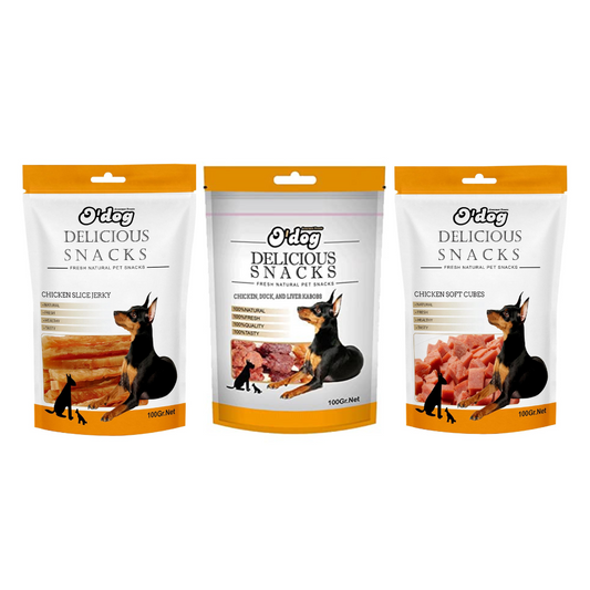 O'Dog Combo of Chicken Slice Jerky, Liver Kabobs and Chicken Soft Cubes Treats For Dog 100g