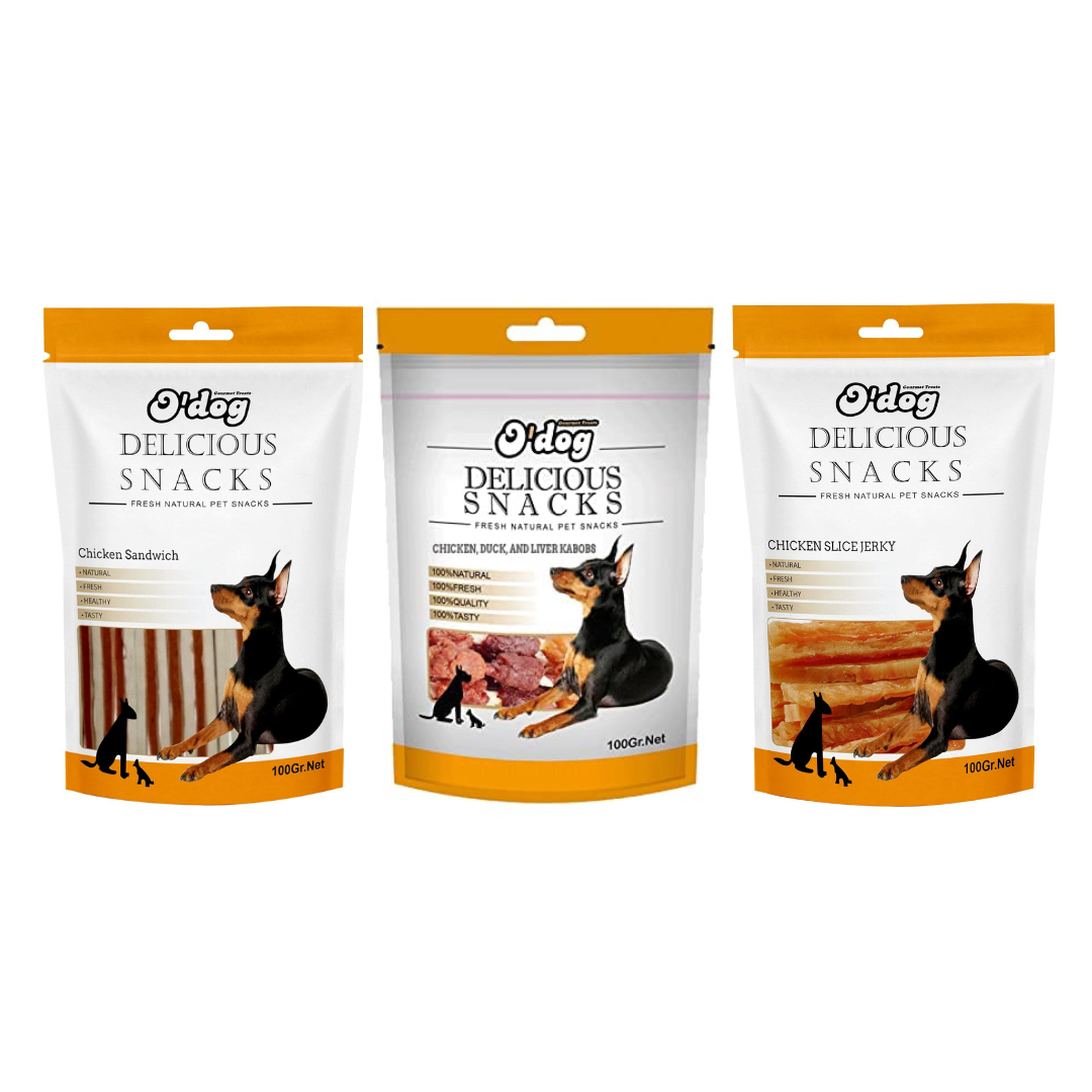 O'Dog Combo of Chicken Sandwich, Liver Kabobs and Chicken Slice Jerky Treats For Dog 100g