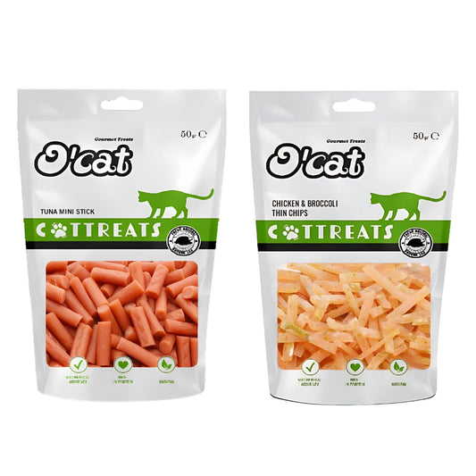 O'Cat Combo of Chicken & Broccoli Thin Chips with Tuna Mini Stick Snacks 50g