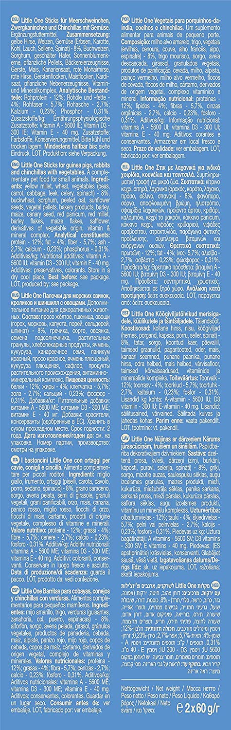 Little One Sticks for Guinea Pigs, Dwarf Rabbits and Chinchillas with Vegetables in Box (Pack of 2) 60g