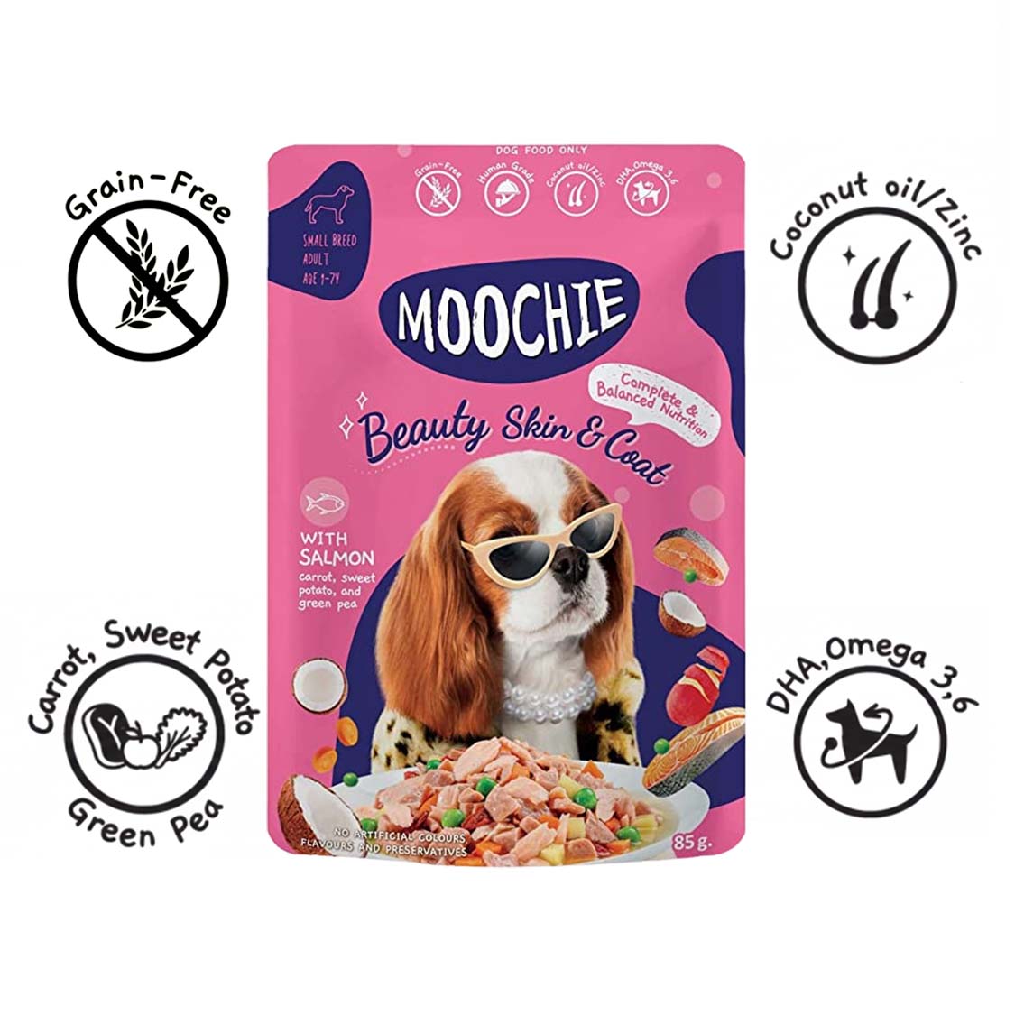 Moochie Beauty Skin & Coat Wet Dog Food – 85g Pouch | Promotes Healthy Skin & Shiny Coat