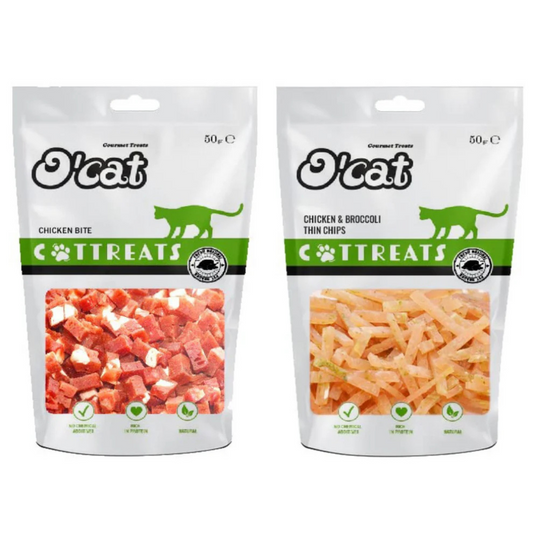 O'Cat Combo Of Chicken Bite and Chicken & Broccoli Thin Chips, Healthy Cat Treats 50g