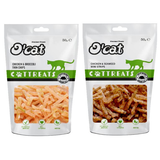 O'Cat Combo of Chicken & Brocolli Thin Chips & Chicken and Seaweed Mini Strips Cat Treats 50g