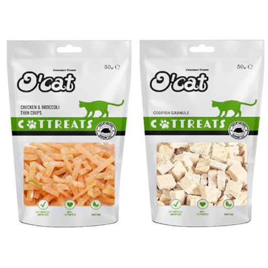O'Cat Combo of Chicken & Broccoli Thin Chips and Codfish Granule Treats for Cats 50g