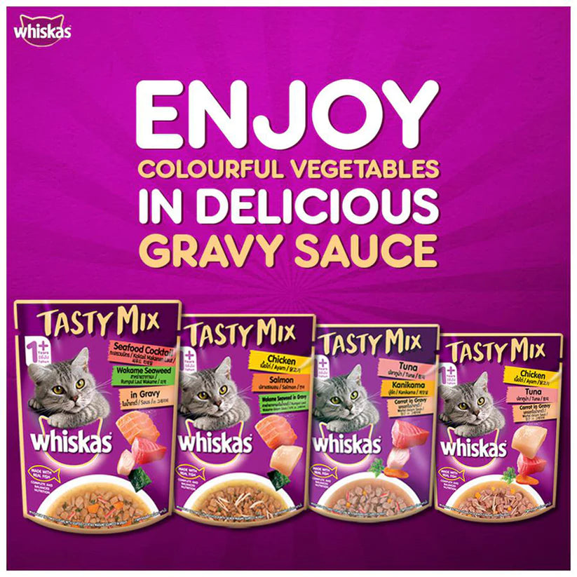 Whiskas Tasty Mix Wet Food Made With Real Fish (Tuna & Kanikama), And Carrot in Gravy For Adult (1+ year) Cat -70g