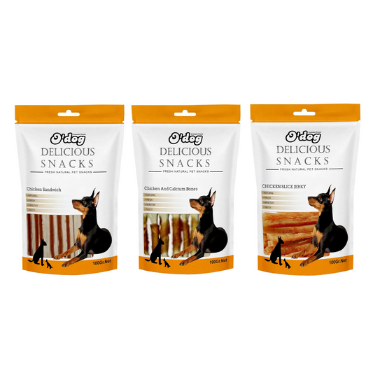 O'Dog Combo of Chicken Sandwich, Chicken Calcium Bones and Chicken Slice Jerky Treats For Dog 100g