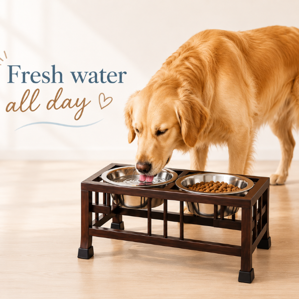 Dog drinking from a elevated pet feeder with water and food bowls on a light wooden floor.