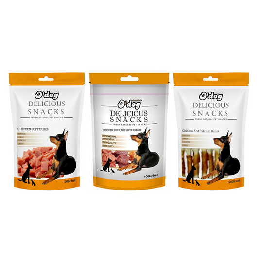 O'Dog Combo of Chicken Calcium Bones, Liver Kabobs and Chicken Soft Cubes Treats For Dog 100g