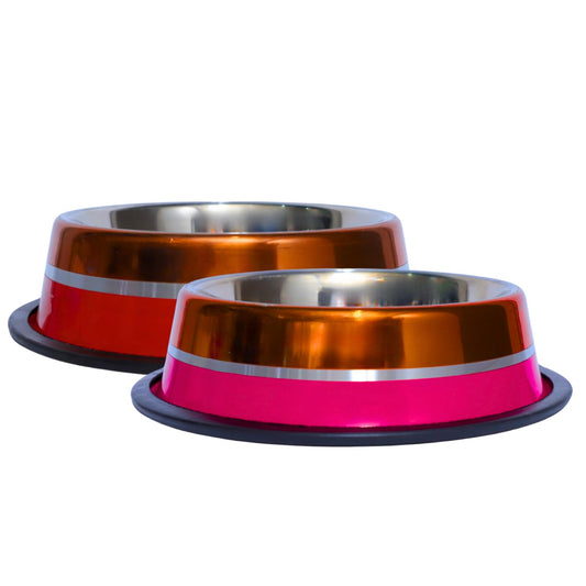Pets Empire Stainless Steel Pets Bowl (700ml x 2, Pink & Red)