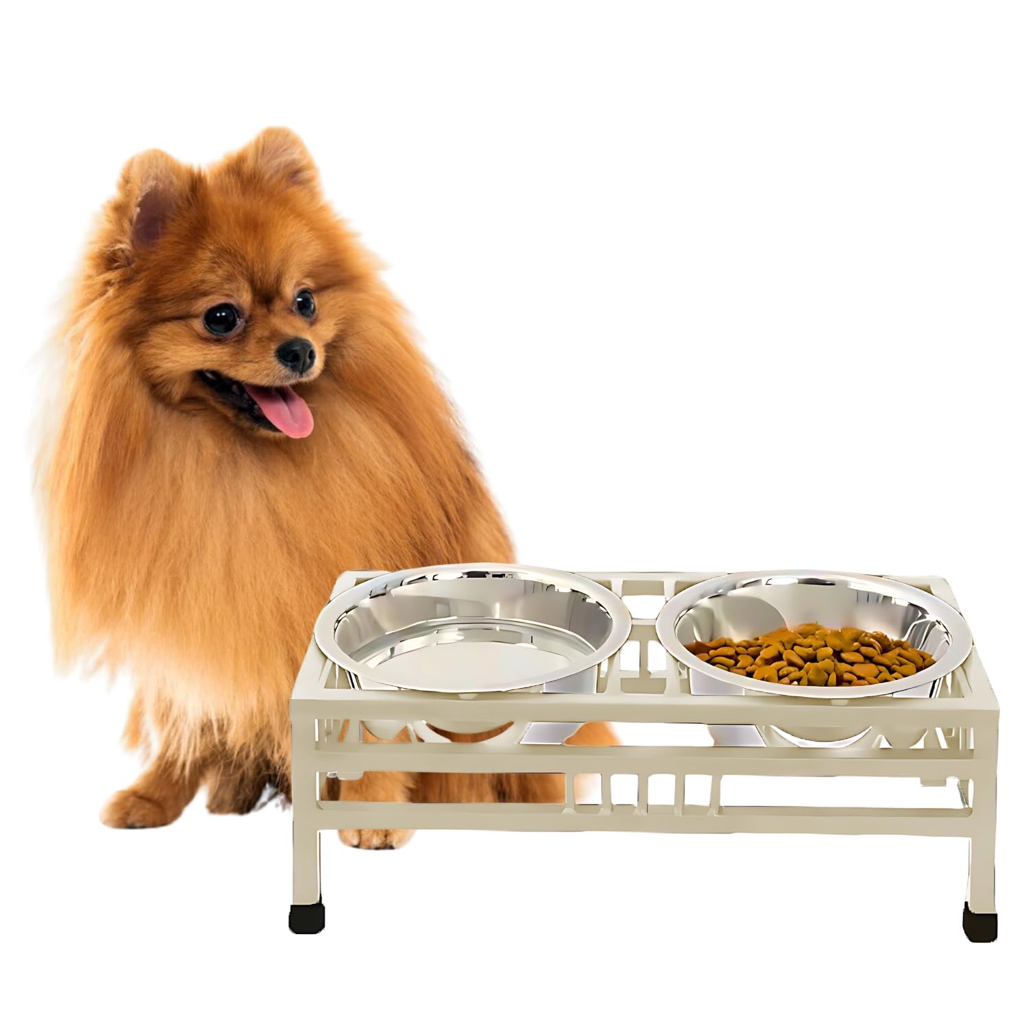 Pets Empire Stainless Steel Food & Water Bowls with Iron Stand (Cream Color)