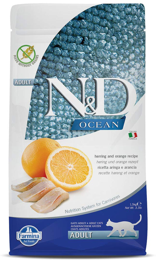 N&D Ocean Dry Cat Food, Adult, Grain-Free, Herring and Orange  1.5-kg