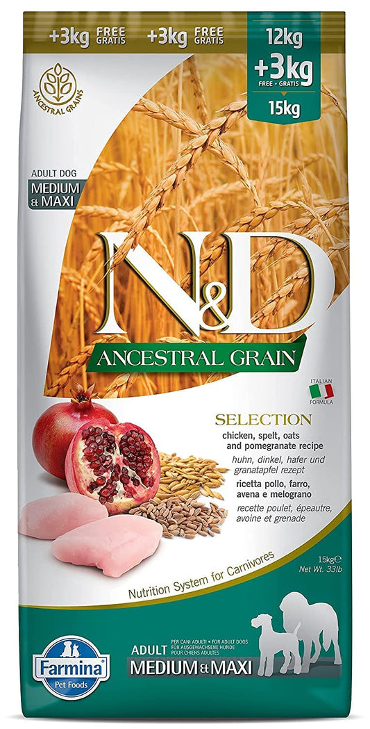 N&D Ancestral Grain Dog Chicken and Pomegranate Adult med Maxi Selection 15Kg