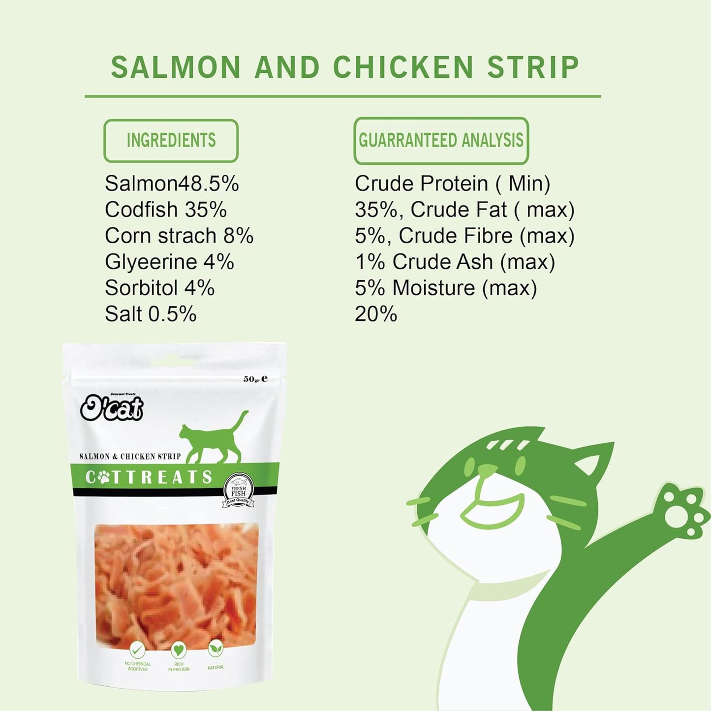 O'Cat Combo Of Salmon & Chicken Strip, Cod Fish Chip and Tuna & Chicken Strip Healthy Cat Treat 50g