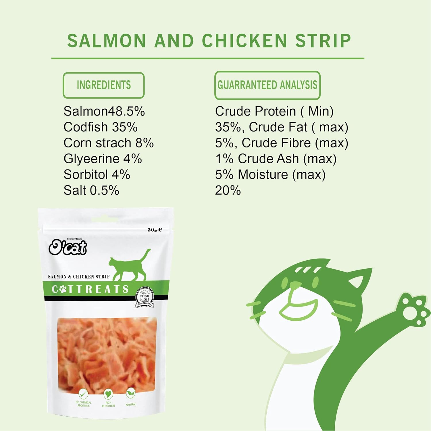 O'Cat Combo Of Salmon & Chicken Strip, Cod Fish Chip and Tuna & Chicken Strip Healthy Cat Treat 50g
