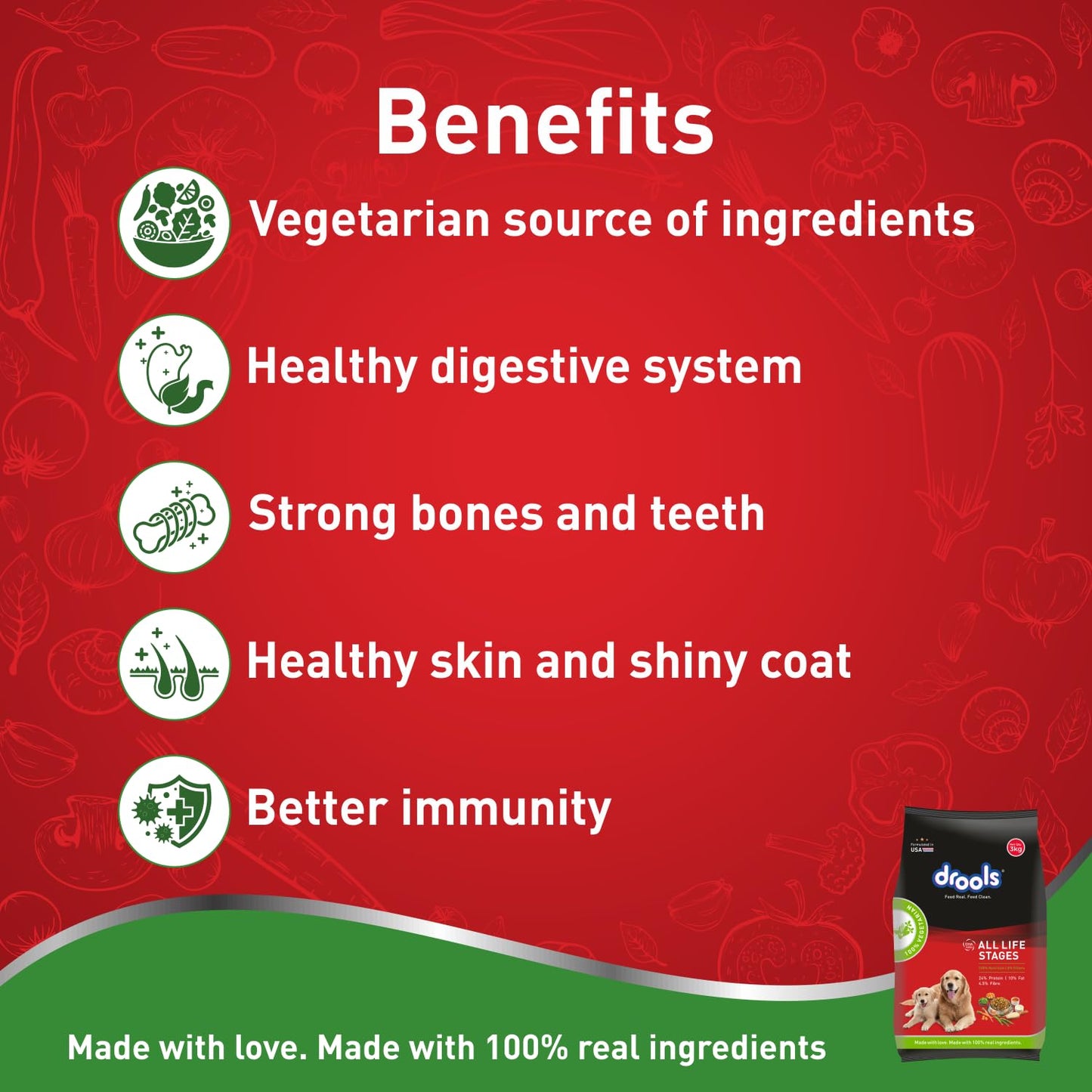 Drools 100% Vegetarian Puppy and Adult Dog Veg Dry Food (All Life Stages)-3Kg
