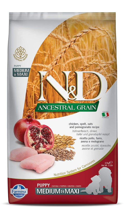 N&D Ancestral Grain Dog Dry Food, Puppy Medium & Maxi Breed, Chicken & Pomegranate 2.5kg