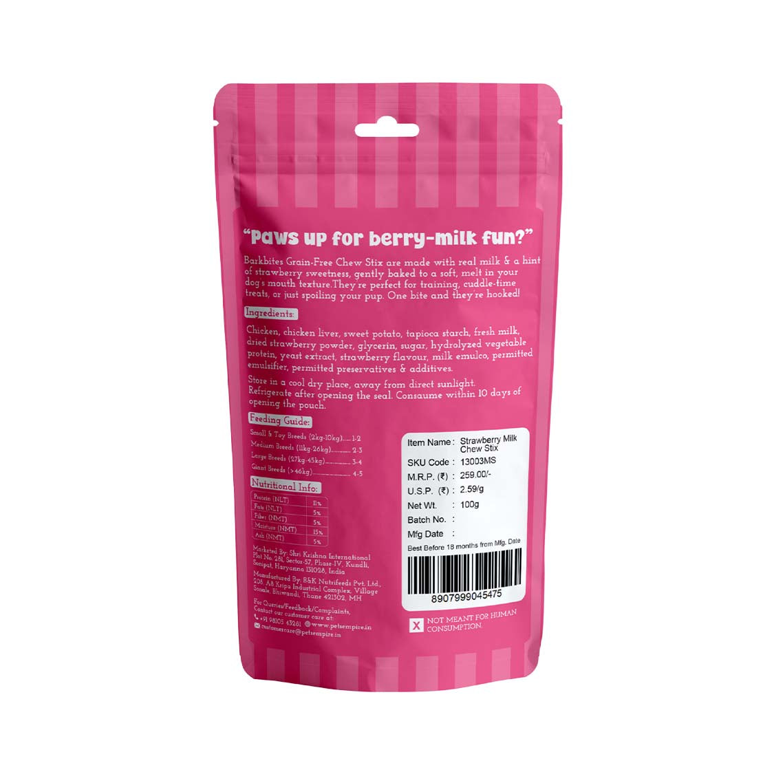 Pets Empire Barkbites Stix For Dogs Milk & Strawberry (100gms)