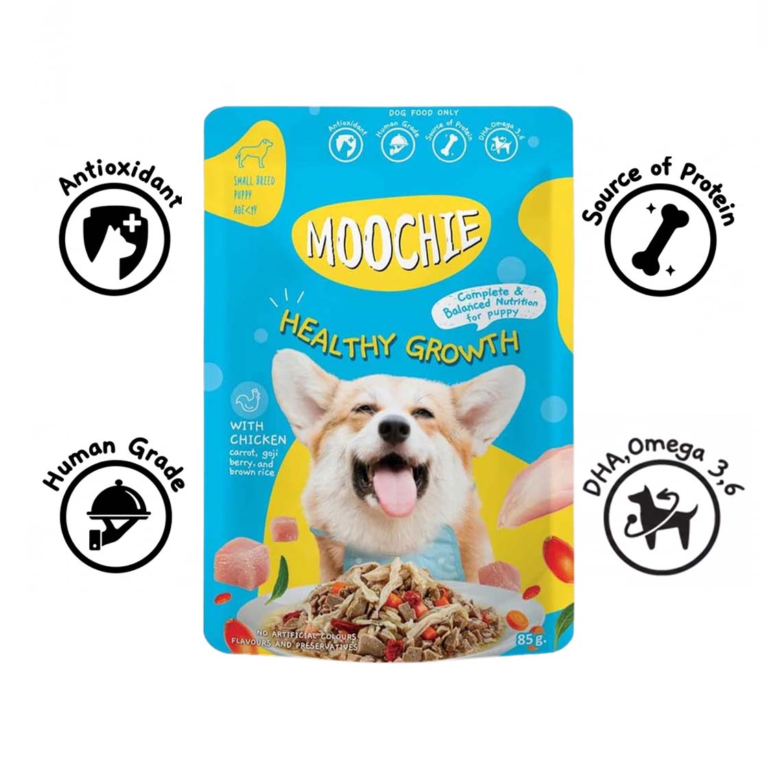 Moochie Healthy Growth Wet Dog Food – 85g Pouches | Nutritious Meal for Puppies & Adult Dogs