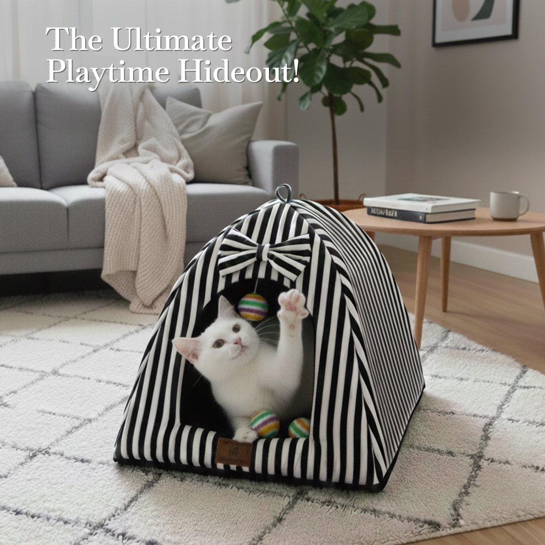 Pets Empire Soft Fabric Comfortable Hut Bed for Cats, Kittens and Puppies-white& Black Stripes
