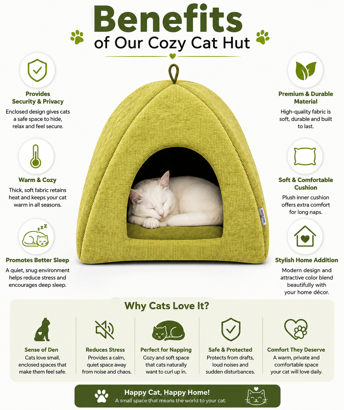 Pets Empire Soft Fabric Comfortable Hut Bed for Cats, Kittens and Puppies- Olive Green