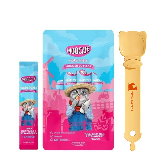 Pets Empire Spoon & Moochie Creamy Treat Tuna , Goatmilk & Strawberry Combo for Cats (5pcsx15gm each)