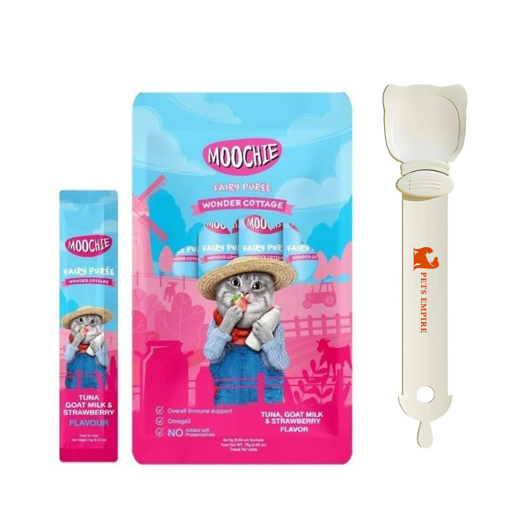 Pets Empire Spoon & Moochie Creamy Treat Tuna , Goatmilk & Strawberry Combo for Cats (5pcsx15gm each)
