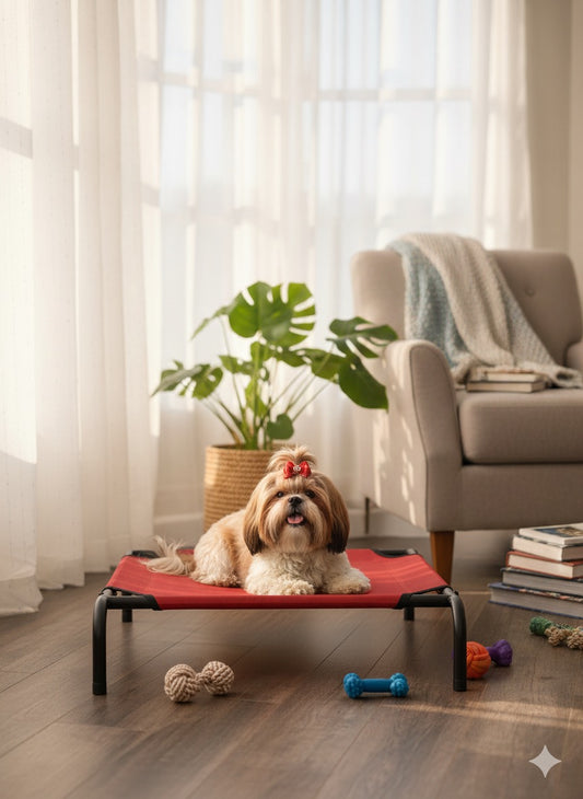 Dog on a red pet bed in a living room with a plant and books in the background