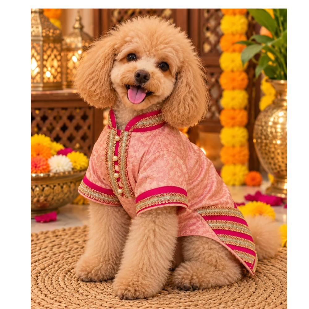Pets Empire Peach and Red Festive Kurta For Small Dogs