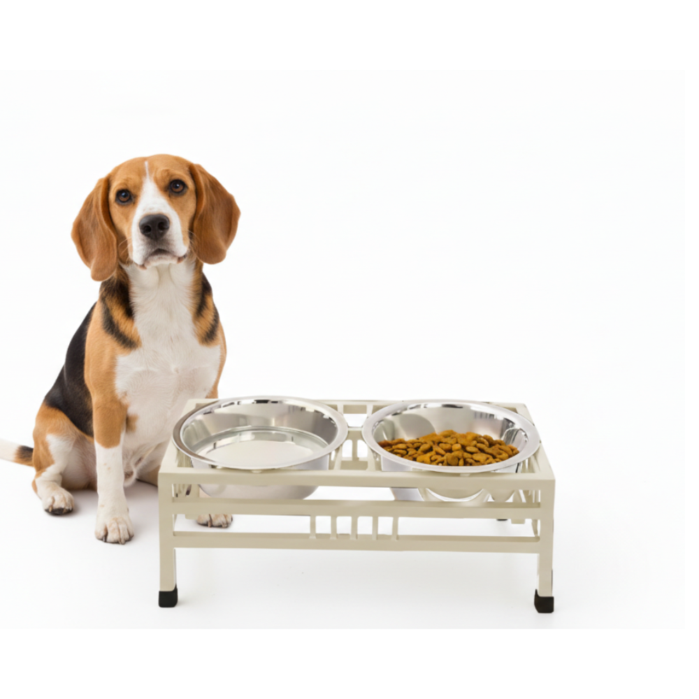 Pets Empire Stainless Steel Food & Water Bowls with Iron Stand (Cream Color)