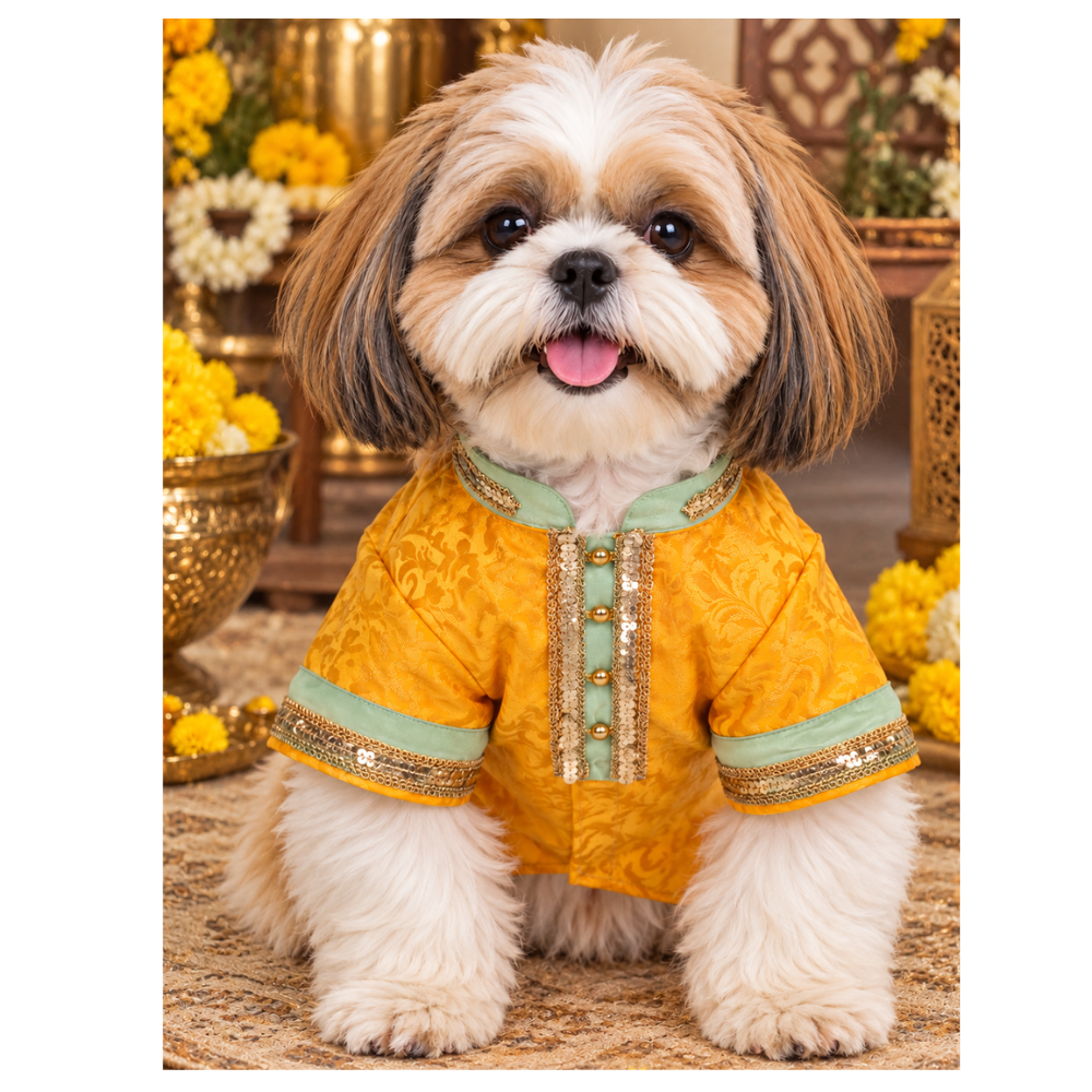 Pets Empire Yellow Brocade Festive Kurta For Small Breeds Dog