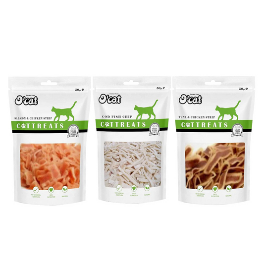 O'Cat Combo Of Salmon & Chicken Strip, Cod Fish Chip and Tuna & Chicken Strip Healthy Cat Treat 50g
