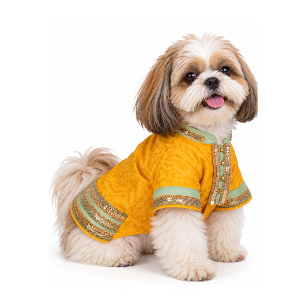 Pets Empire Yellow Brocade Festive Kurta For Small Breeds Dog