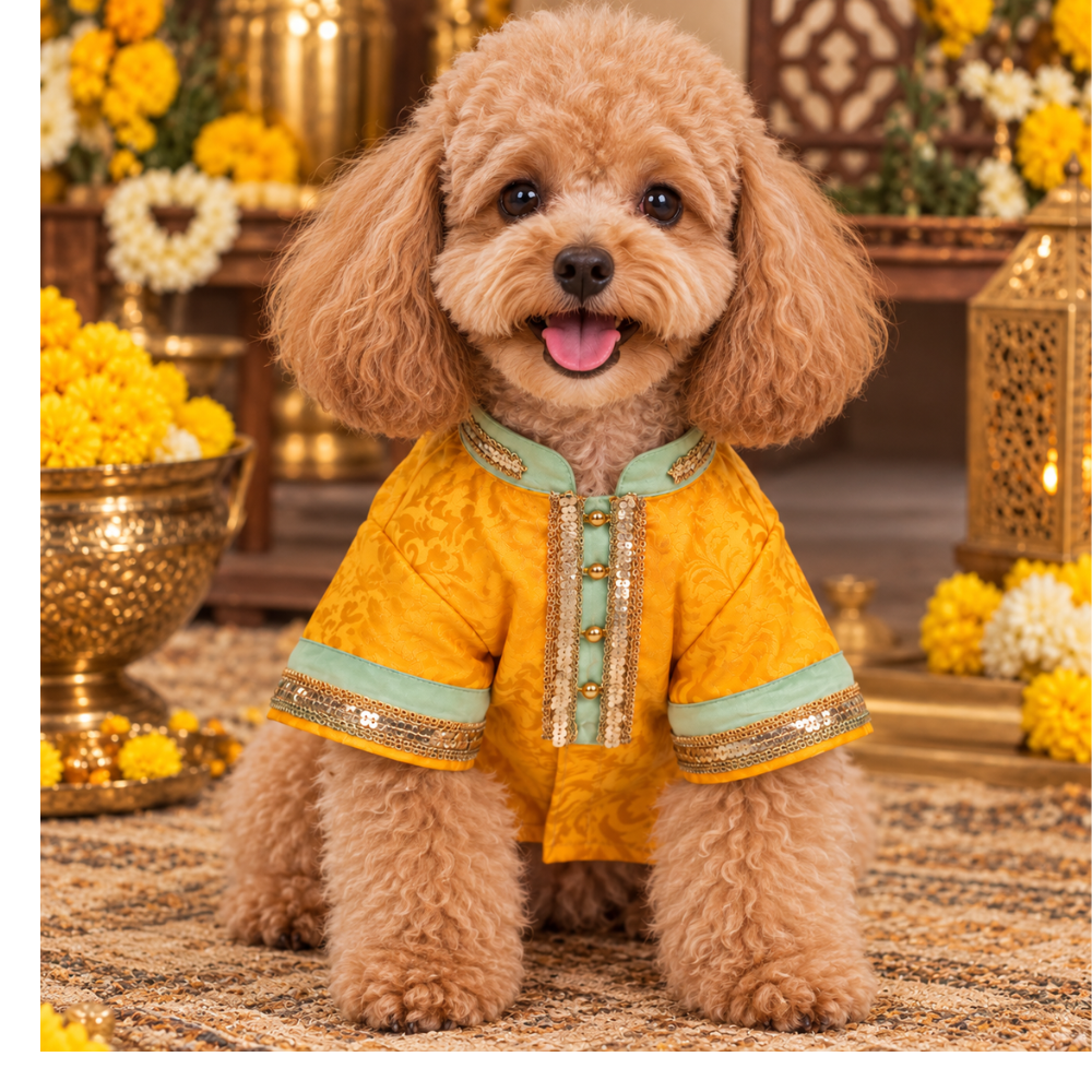 Pets Empire Yellow Brocade Festive Kurta For Small Breeds Dog