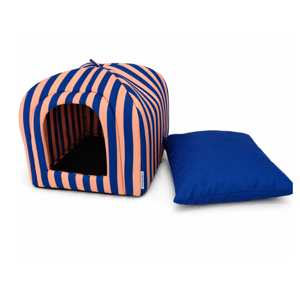 Pets Empire Striped Hut Bed with Soft Cushion for Cat- Navy Blue & Peach