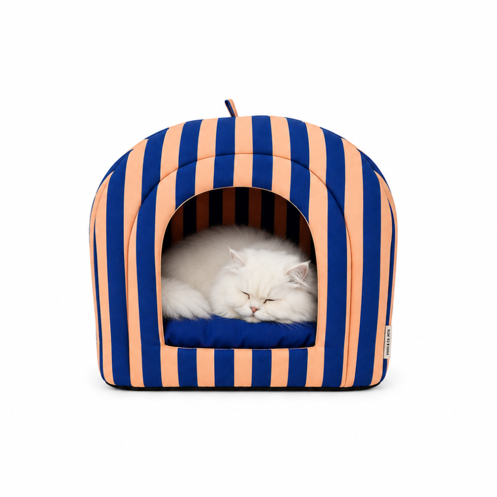 Pets Empire Striped Hut Bed with Soft Cushion for Cat- Navy Blue & Peach
