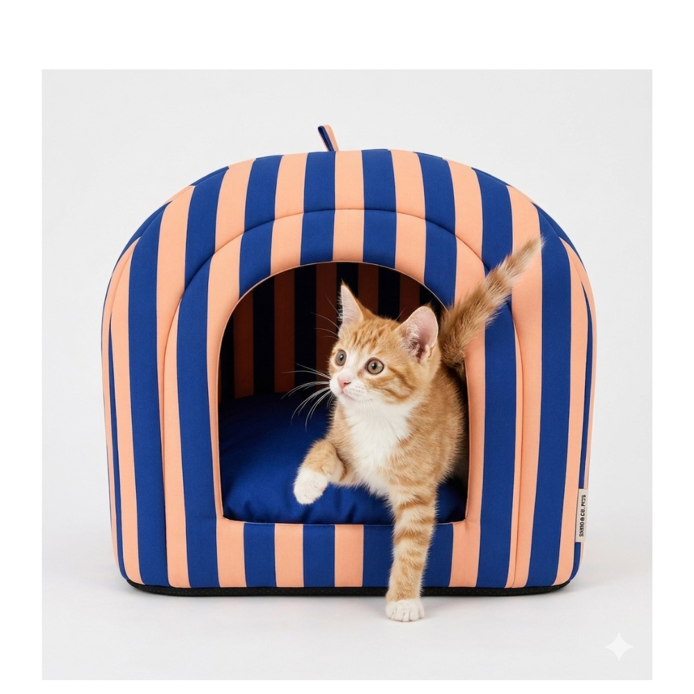 Pets Empire Striped Hut Bed with Soft Cushion for Cat- Navy Blue & Peach