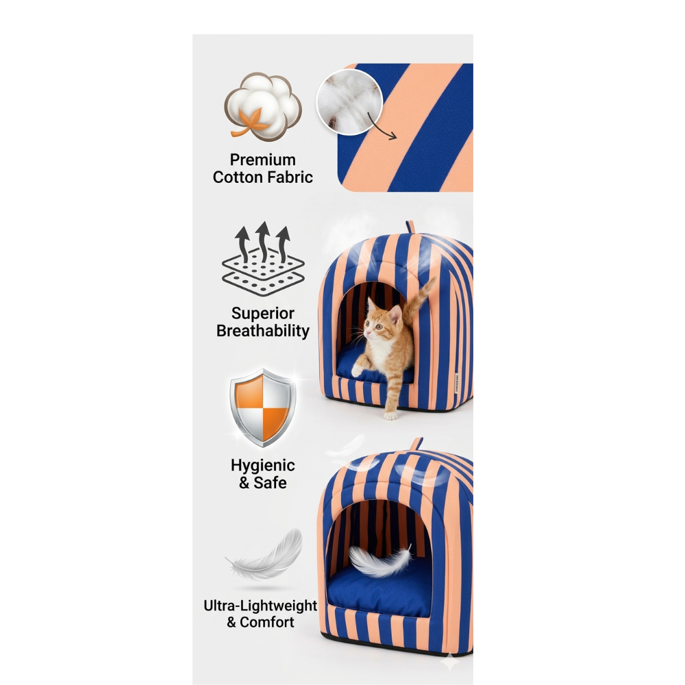 Pets Empire Striped Hut Bed with Soft Cushion for Cat- Navy Blue & Peach