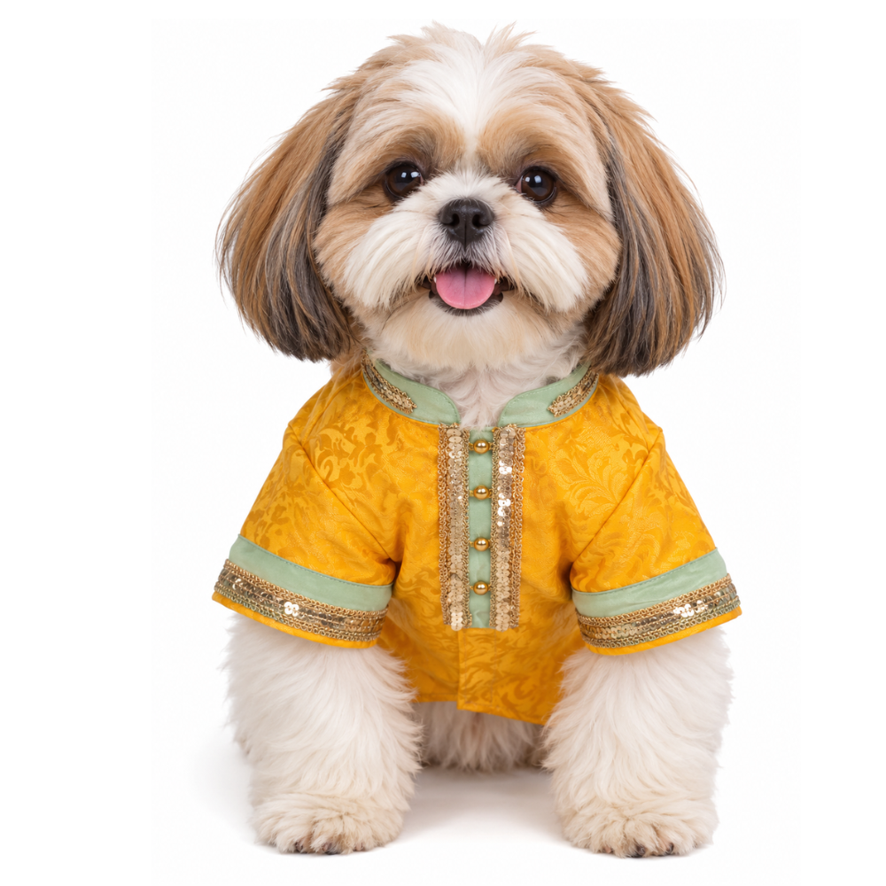Pets Empire Yellow Brocade Festive Kurta For Small Breeds Dog