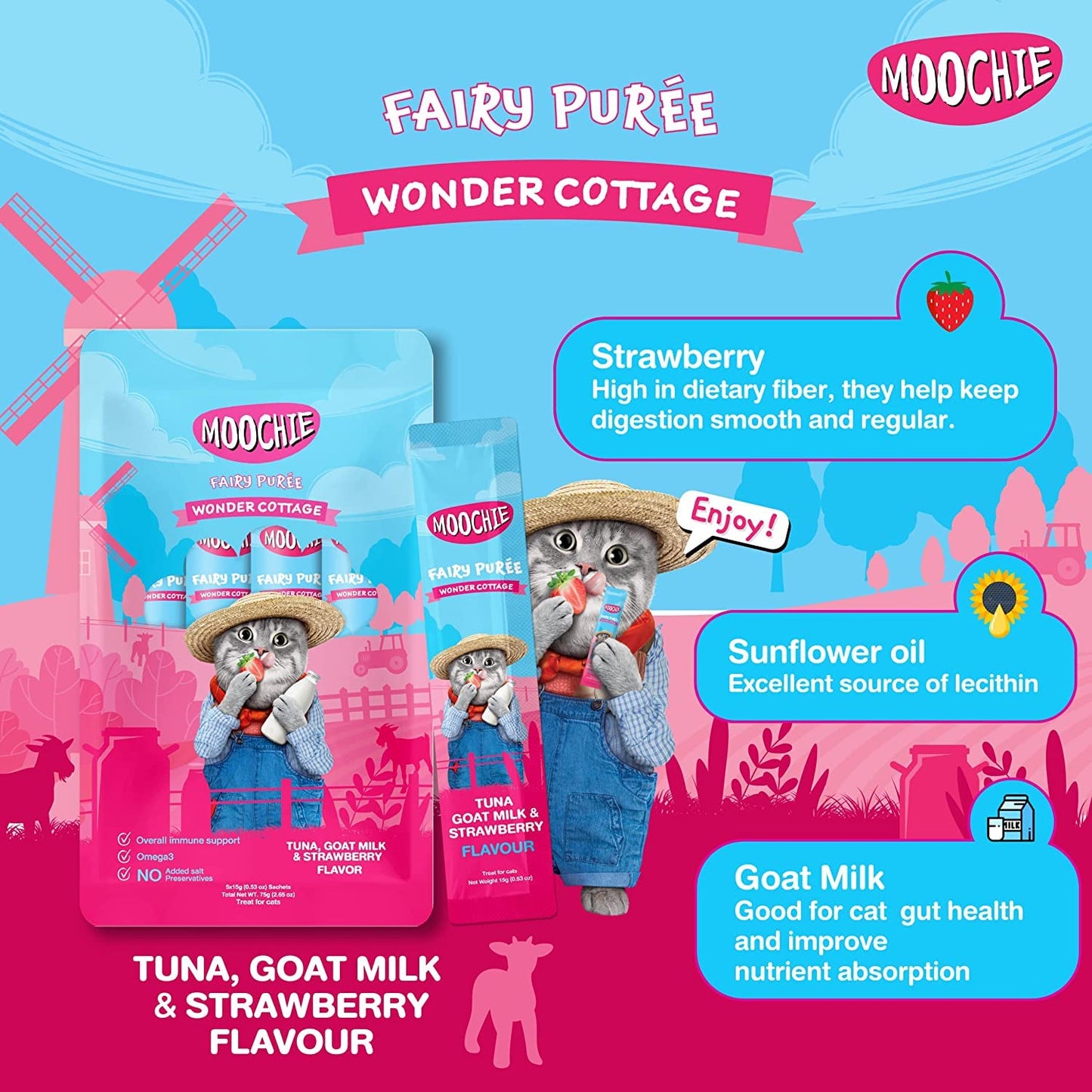 Moochie Creamy Treat for Cats- Tuna , Goatmilk & Strawberry (15g Each)